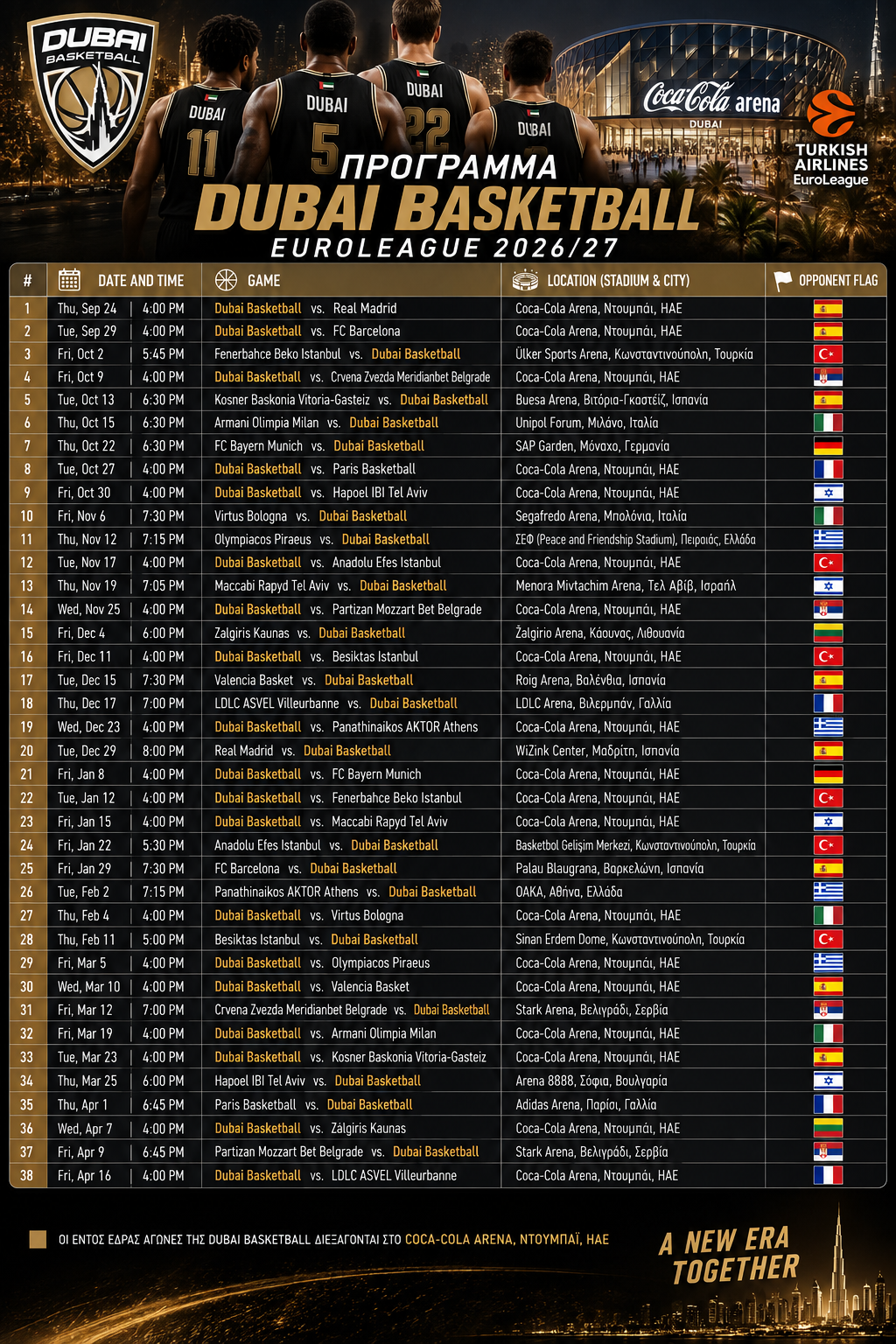 Πρόγραμμα Dubai BC Euroleague 2026/27