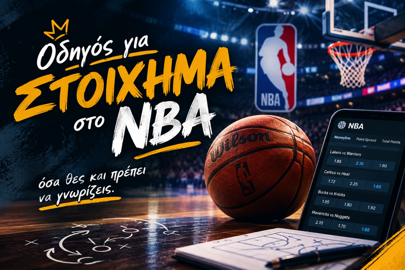 Μπάλα μπάσκετ σε γήπεδο για οδηγό στοιχήματος NBA